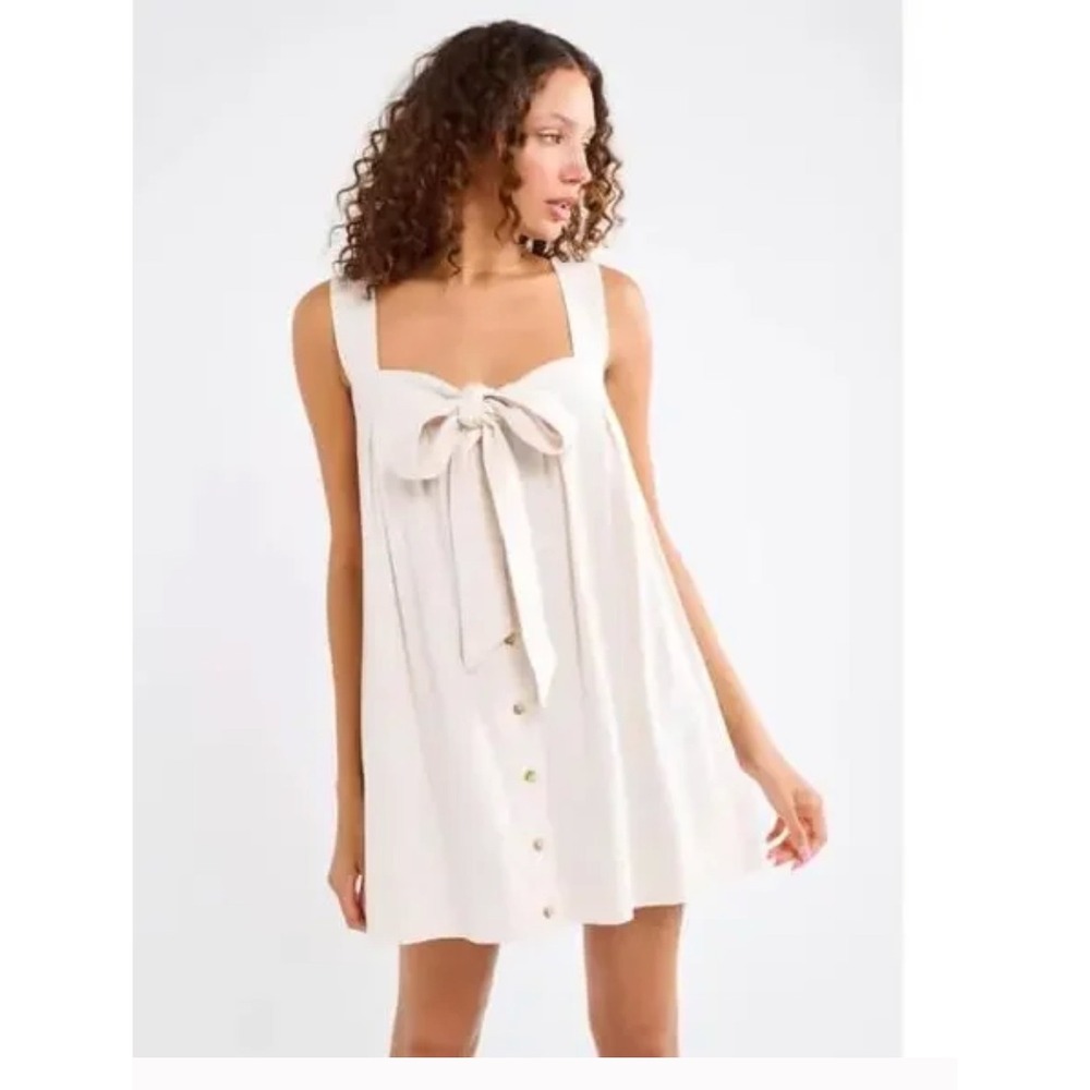 RUMORED Palermo Mini Dress in‎ Cream L Square Neck Bow Tie-Babydoll